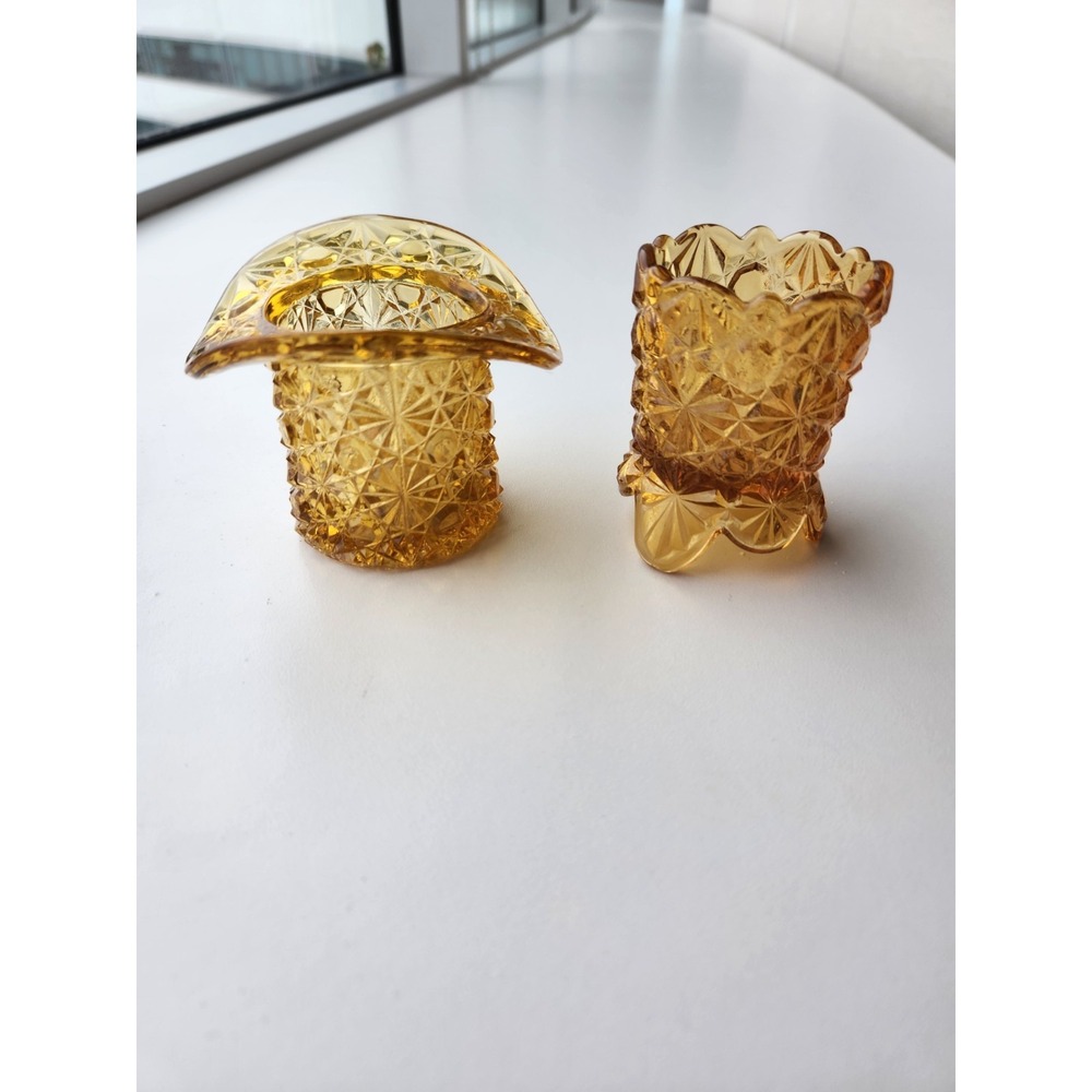 Vintage Fenton Daisy And Button Amber Glass Small Top Hat And‎ Toothpick Holders